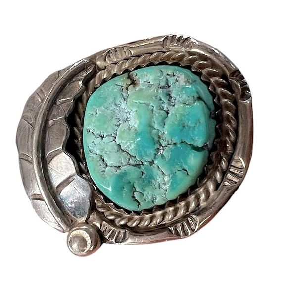 Vintage Sterling Silver Turquoise Native American Southwest Feather Rope Ring 6 - Picture 2 of 5